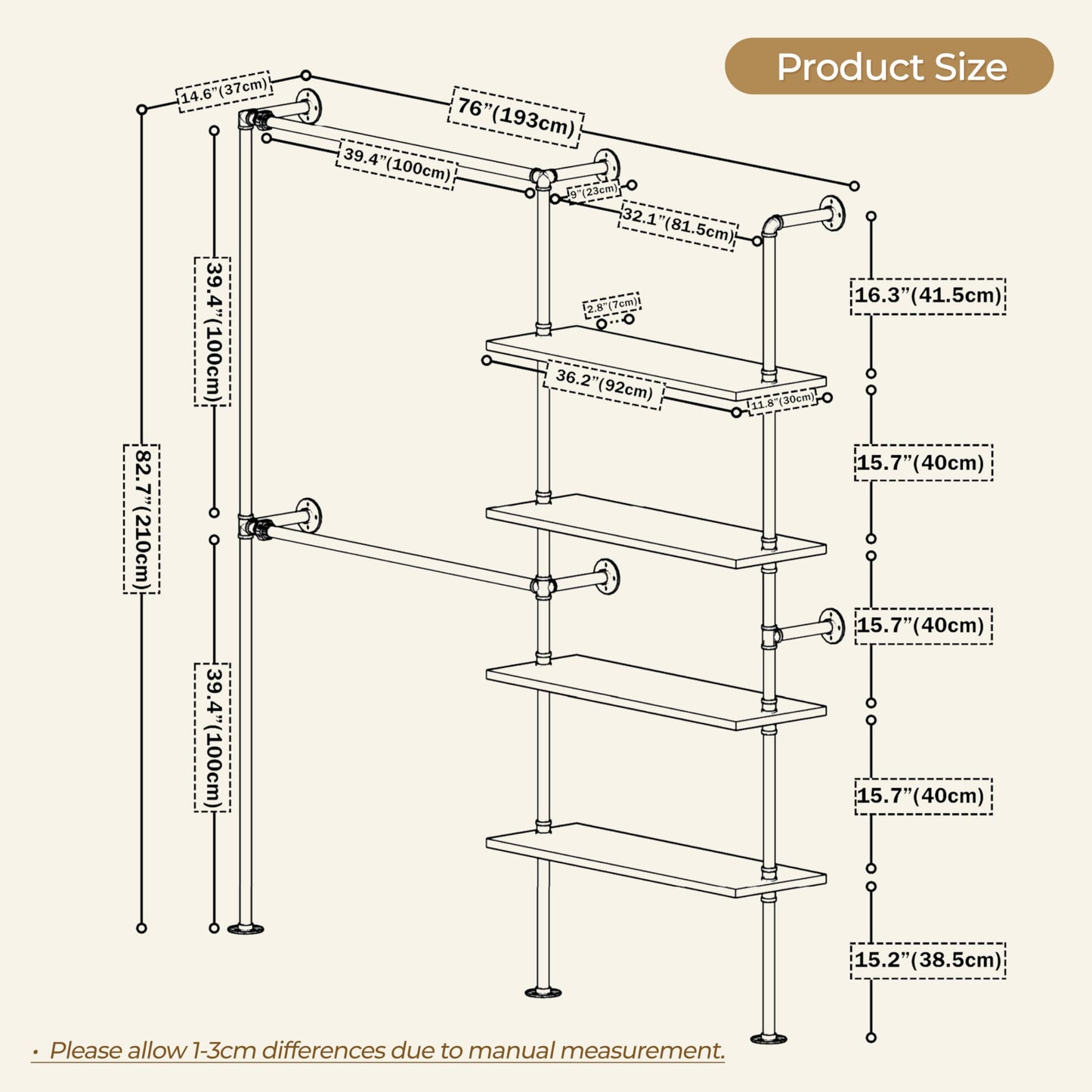 Anynice Industrial Pipe Clothing Rack, Wall Mounted Garment Black Wall Hanging Clothing Rack, Heavy Duty Clothes Rack for Walk in Closet Storage, Laundry Room, 14.6x76x82.7 Inches, Model Y02