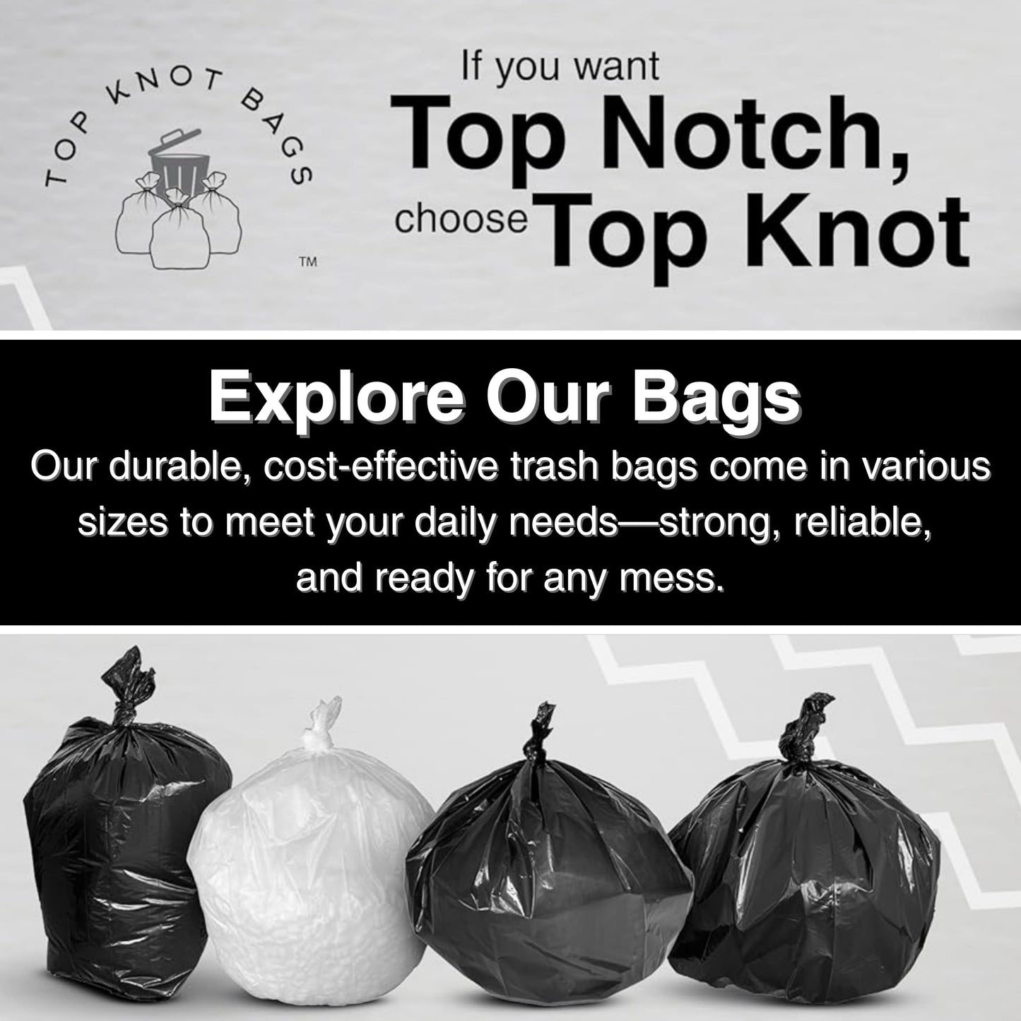 Top Knot Bags 45 Gallon Garbage Trash Bag 40X48" Black 150 Count Can Liner Bulk 40 Gallon 41 Gallon 42 Gallon 44 Gallon Made in USA
