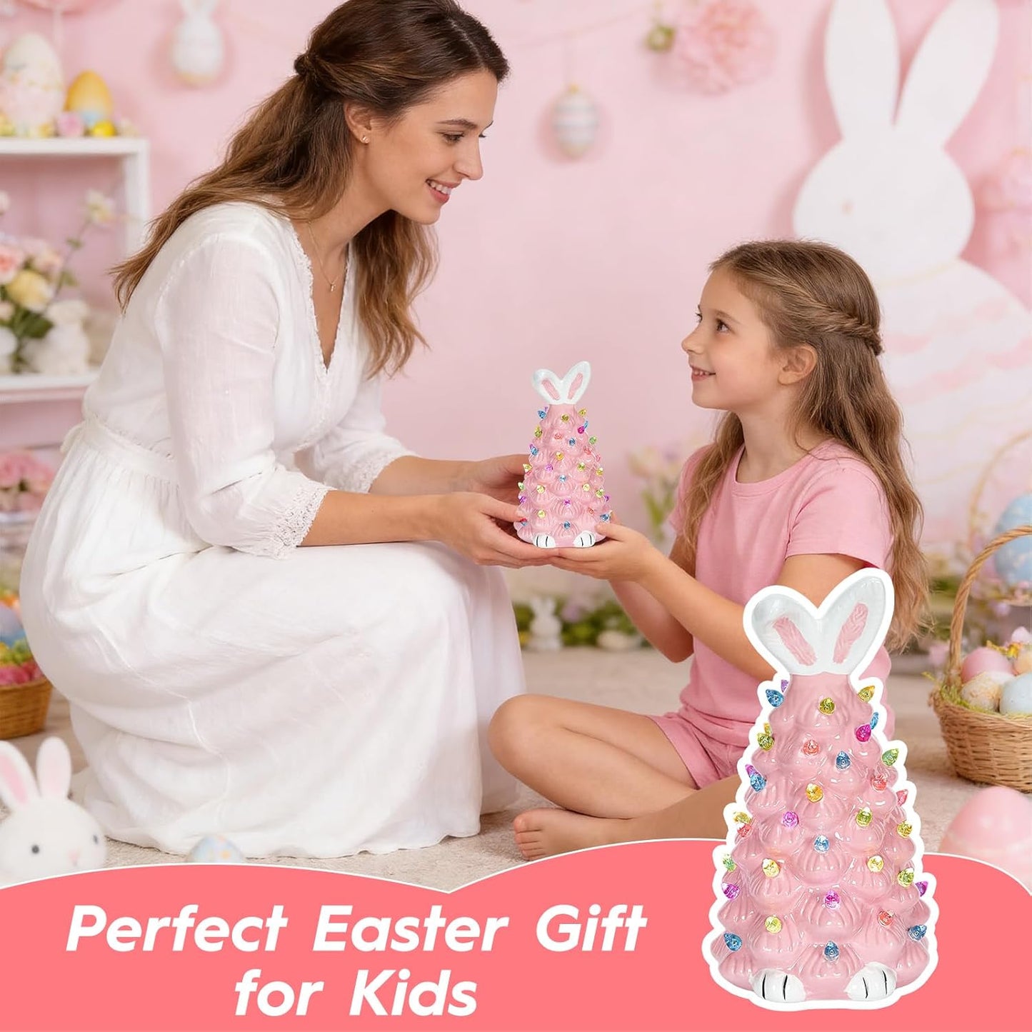 Skiennix Cute Ceramic Easter Bunny Decor - Light-Up Spring Tabletop Decoration for Kids (Pink)