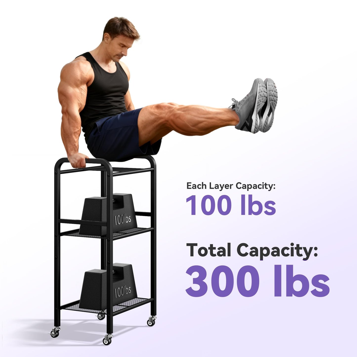 Josmimic 3-Tier Heavy-Duty Home Gym Storage Rack with Hooks and Smooth Wheels for Workout Gear