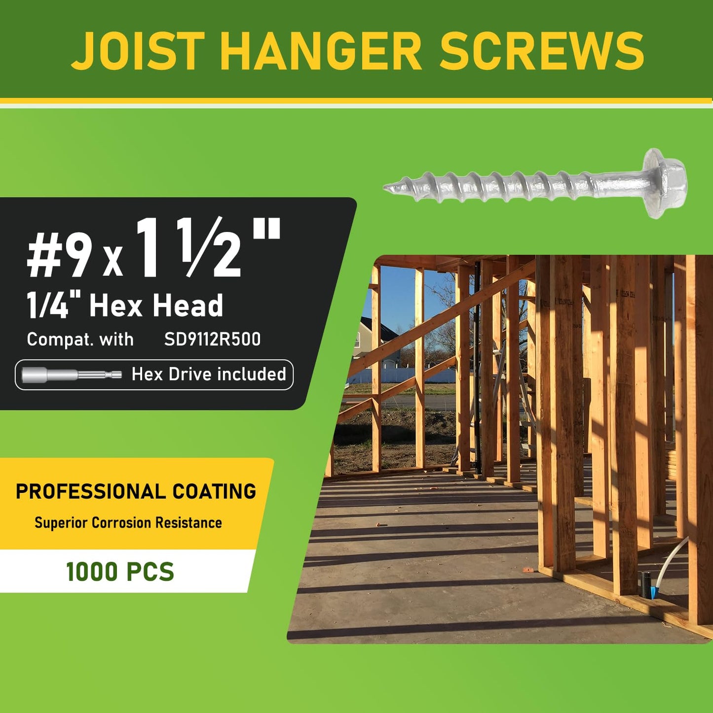 1000 pcs Connector Screws #9 x 1-1/2", Replace 9112R500 and 10D Nail, 1/4" Hex Drive Heavy-Duty Joist Hanger Screws for Decking,Framing Connections,1500 Hours Salt Spray Test, Mechanical Galvanized