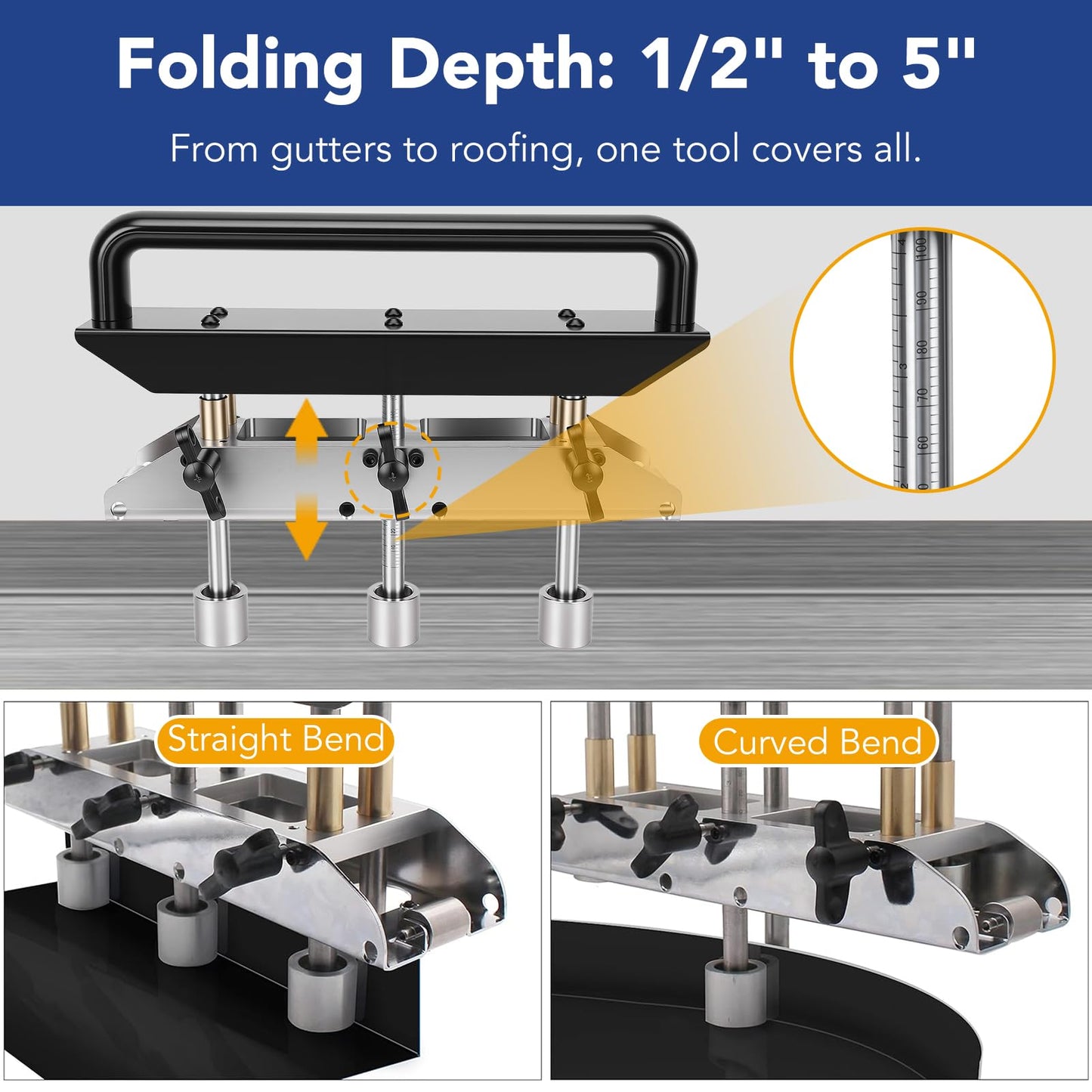 3-Station Roller for Bending Metal Roofing Materials at 0-90° Angle, Large Radius Sheet Metal Bead Roller Bender for Making 1/2-5in (13‑130mm) Bending