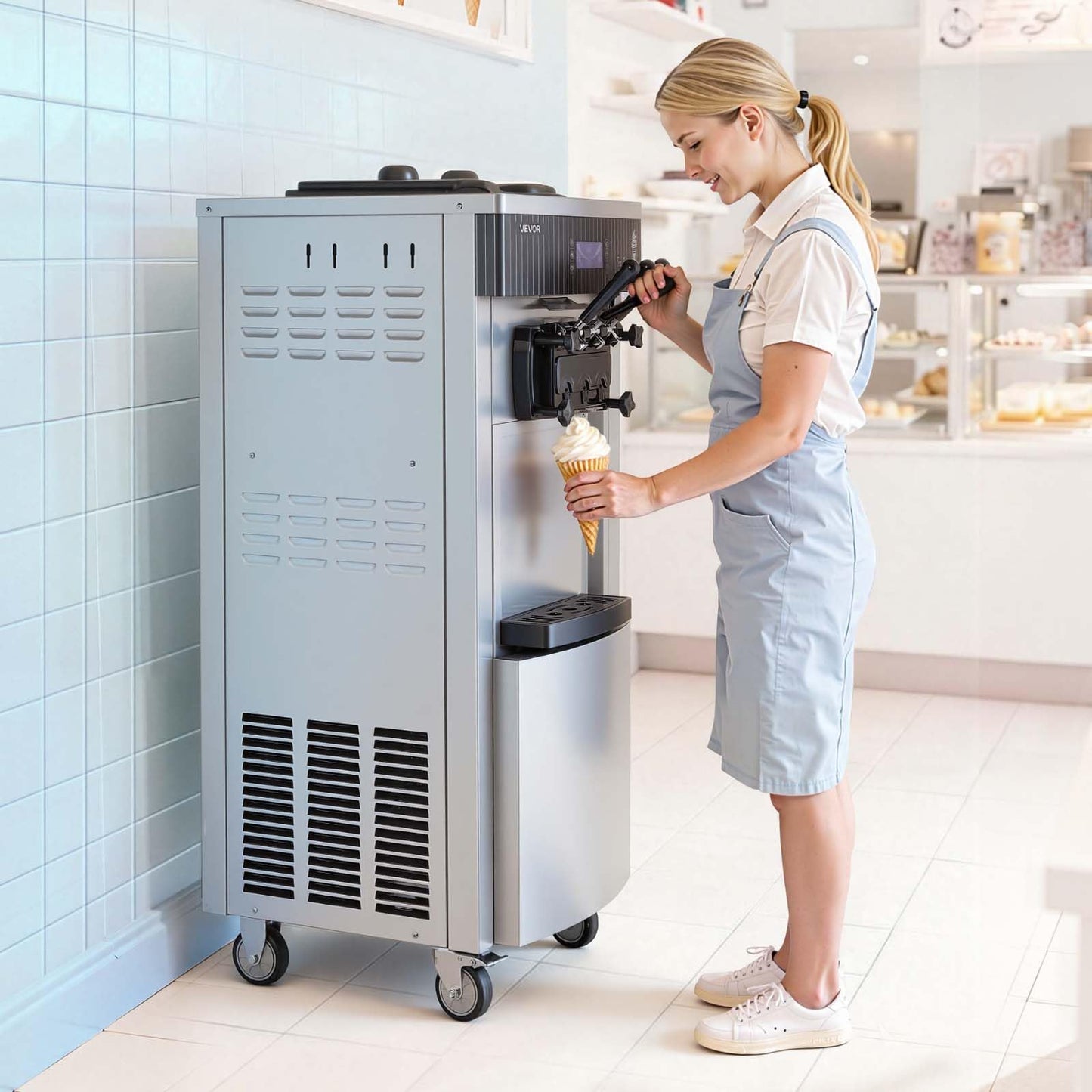 VEVOR Commercial Ice Cream Machine, 20-28L/H Yield, 2200W 3-Flavor Freestanding Soft Serve Ice Cream Maker with 2 x 6L Hoppers & Hopper Agitation, Pre-Cooling Self-Cleaning for Snack Dessert Shops