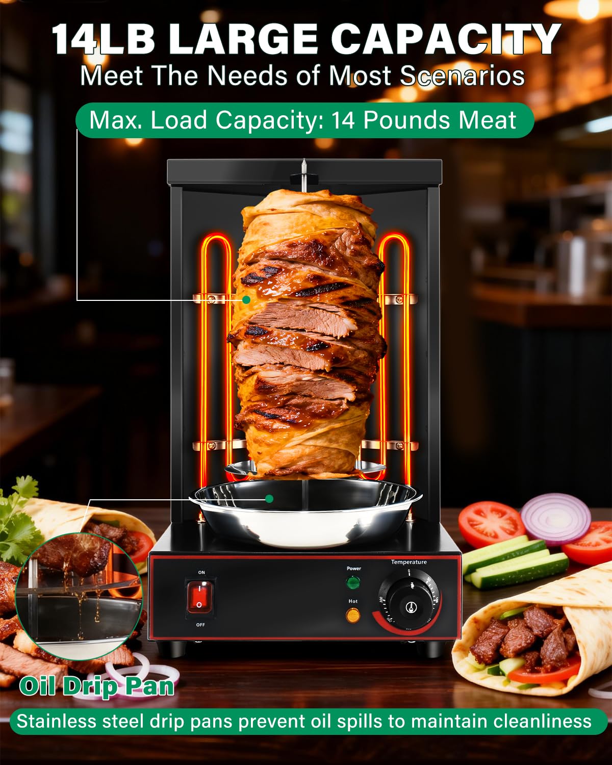 BNDHKR Electric Shawarma Grill Machine Countertop Rotisserie Turkey Maker Vertical Barbecue Oven with Temperature Control for Commercial/Household 122℉-572℉ 110V Black