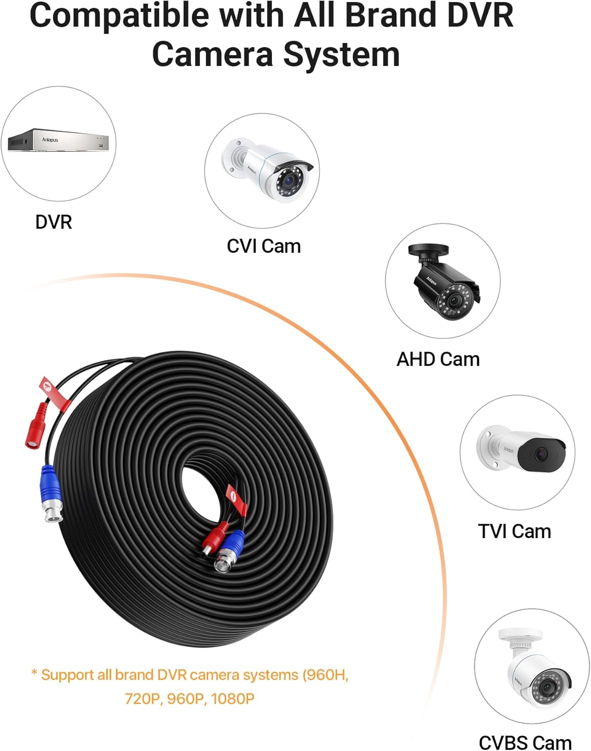 4 Pack 100ft/30m 100pcs Anlapus All-in-One Video Power Cable, BNC Extension Surveillance Camera Cables for CCTV
