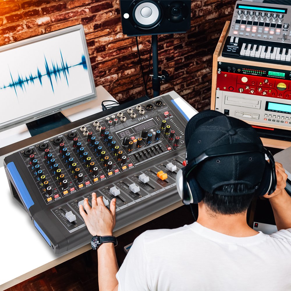 Pyle 8-Channel Console Style Audio Mixer with Bluetooth - DJ Sound Controller, 4 XLR / Combo Inputs, Sub Out, +48V Phantom, USB-A In, 16 DSP Effects, MP3 Player, 7-Band EQ - PMXU88BT