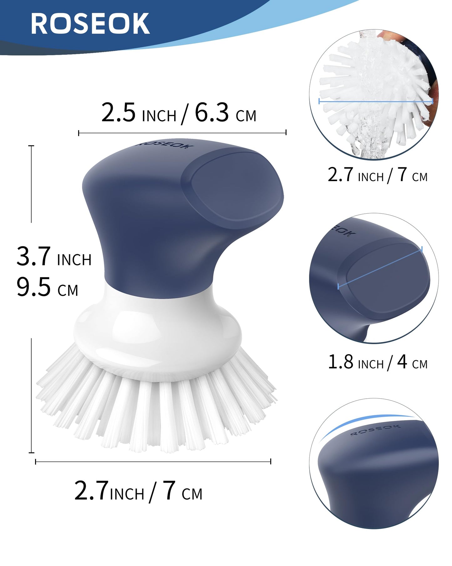ROSEOK Dish Scrub Brush,Self-Standing Palm Brush with Ergonomic Grip for Cleaning Dishes,Non-Stick Pans and Sinks,Navy Blue,2 Pack