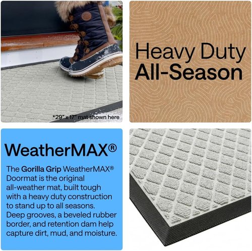 GORILLA GRIP Waterproof All-Season WeatherMAX Doormat - Natural Rubber, Stain & Fade Resistant, 23x35, Light Gray