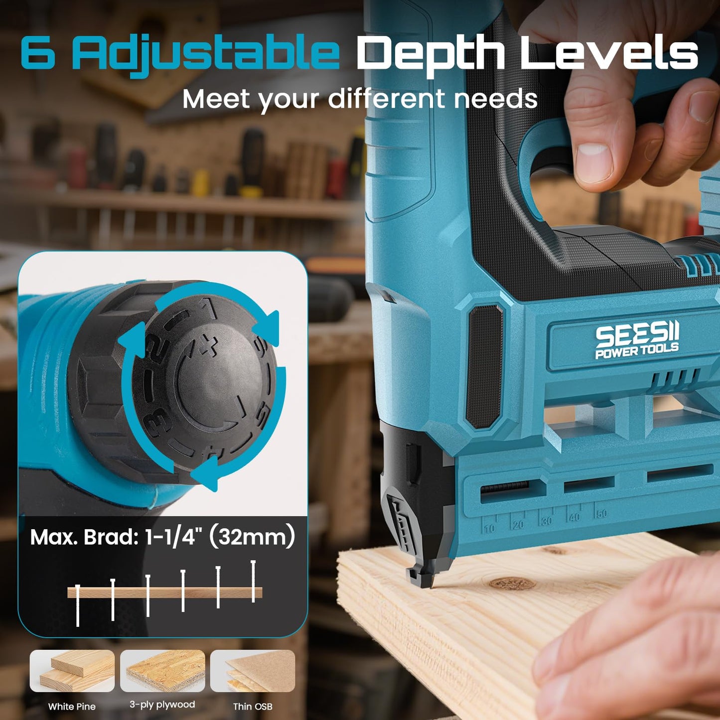 SEESII 18 Gauge Cordless Brad Nailer and Stapler Gun for Drywall, 20V 2-in-1 Electric Nail Gun with 2 Batteries, 1000pcs Nails & Staples, Adjustable Depth for Wood, Upholstery & DIY Projects