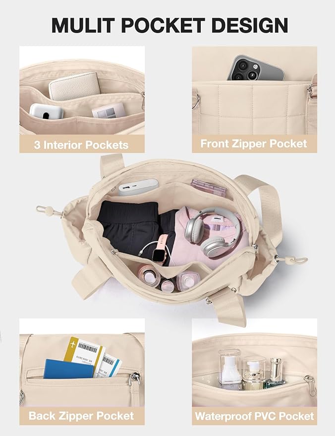 VUUDH Puffy Mini Gym Bag for Women, Carry On Multi-Pocket Water-Resistant Duffel, Lightweight Sports Bag for Fitness, Work, Travel, Daily Commute,Camel
