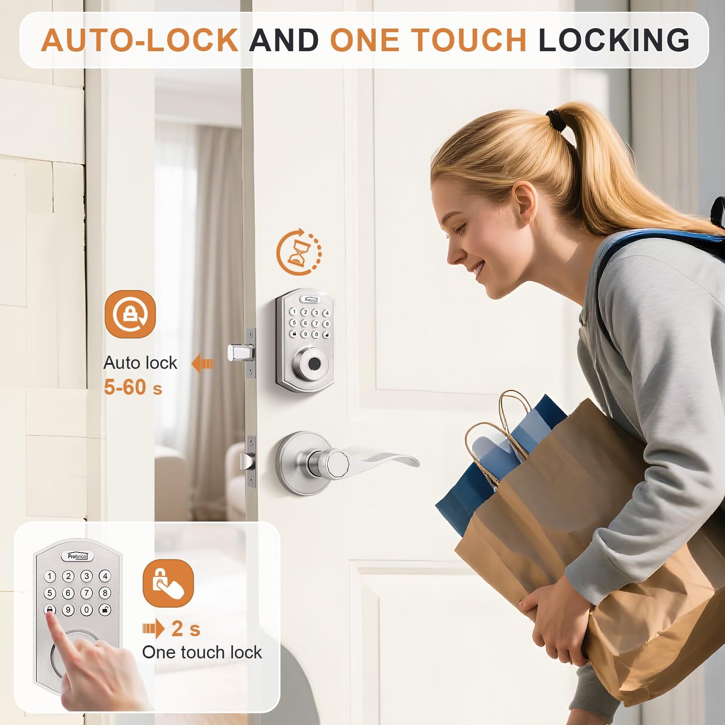 Probrico Smart Door Lock Satin Nickel Keyless Entry Door Lock, Keypad Door Lock with Handle Fingerprint Deadbolt Handle Set