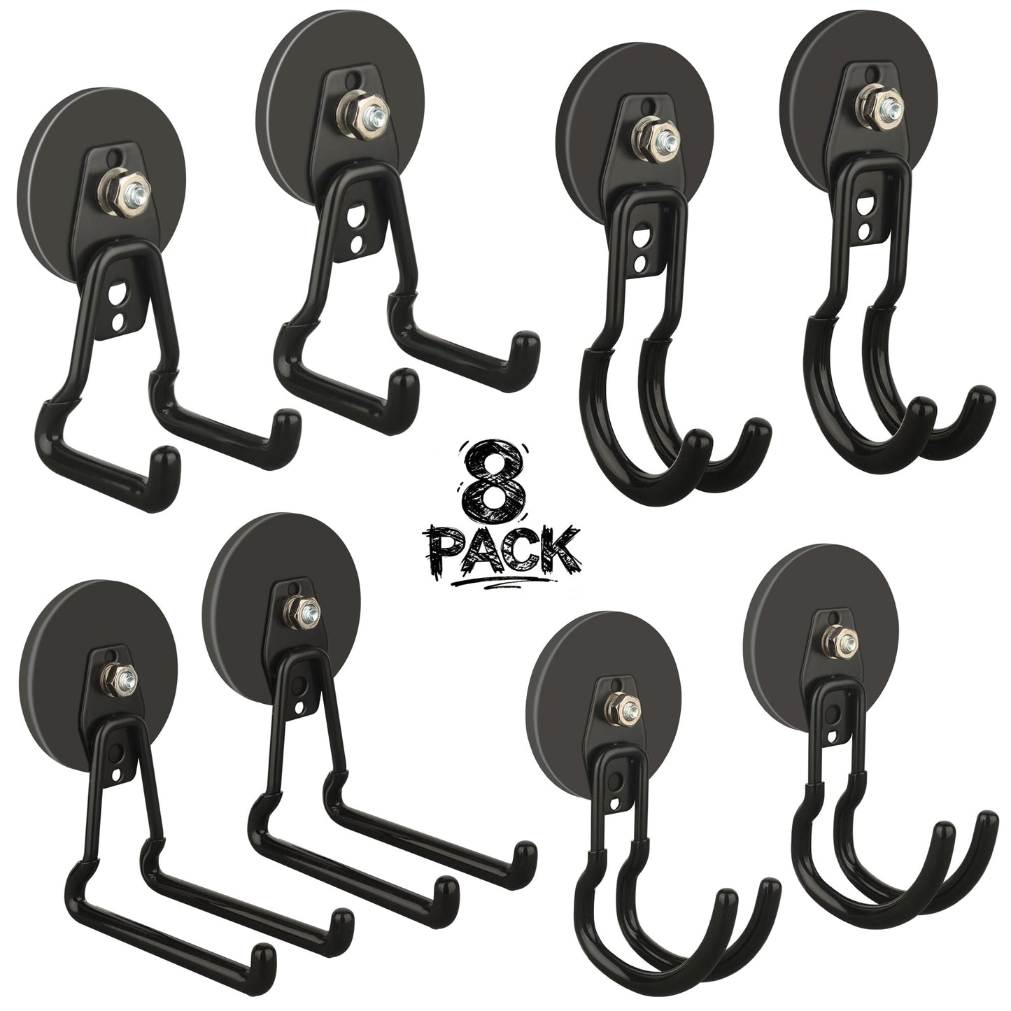 ULIBERMAGNET Heavy Duty Magnetic Garage Hooks,8 Pack Strong Large Magnet Hooks for Power Drill,Garden Tools,Hose,Pegboard,Garage, Workshop,Magnetic Storage Hooks for Indoor Outdoor Hanging(Black)
