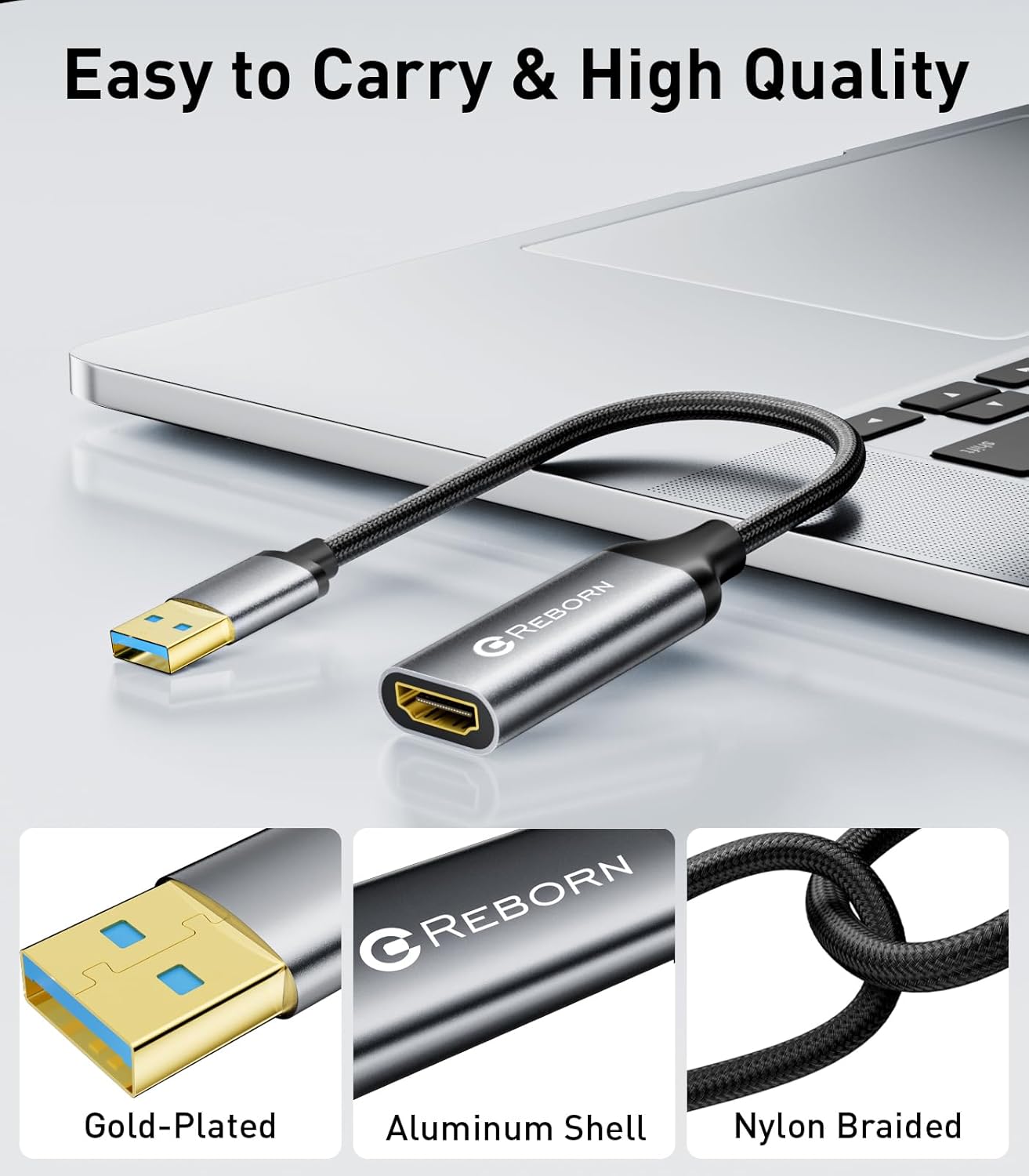 Reborn 1080P@60Hz 3.0 7/8/10/11 USB to HDMI Adapter, USB Male to HDMI Female Multi-Display Cable Converter Suitable