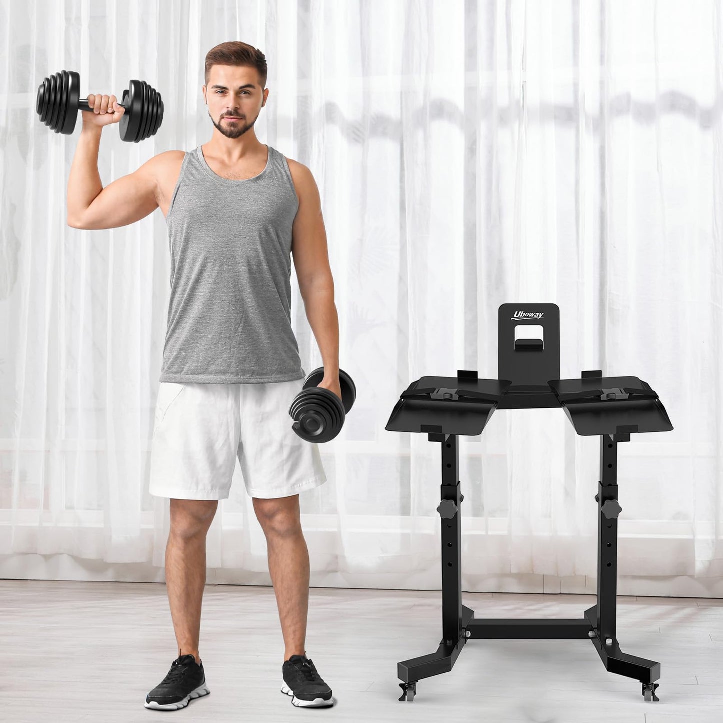 Uboway Adjustable Dumbbell Stand- Dumbbell Rack with 4 Level Height Adjustment, Weight Stand for Dumbbells with Tablet Holder and Wheels, Hand Weight Rack for Adjustable Dumbbell Set, Home Gym Fitness（Bonus Foot Pads）