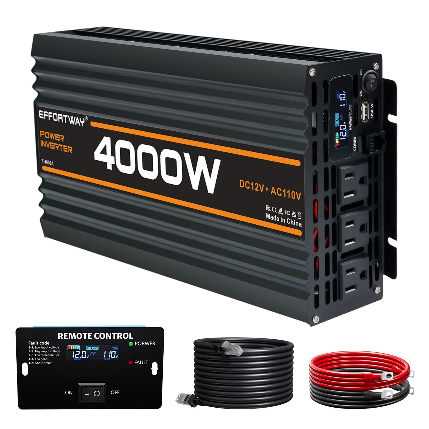 EFFORTWAY 4000W Power Inverter, 12V DC to 110V/120V Modified Sine Wave Inverter with 3 AC Outlets, USB Port, Wired Remote Controller, Car Power Inverter for RV, Truck, Boat, Camping, Off-Grid