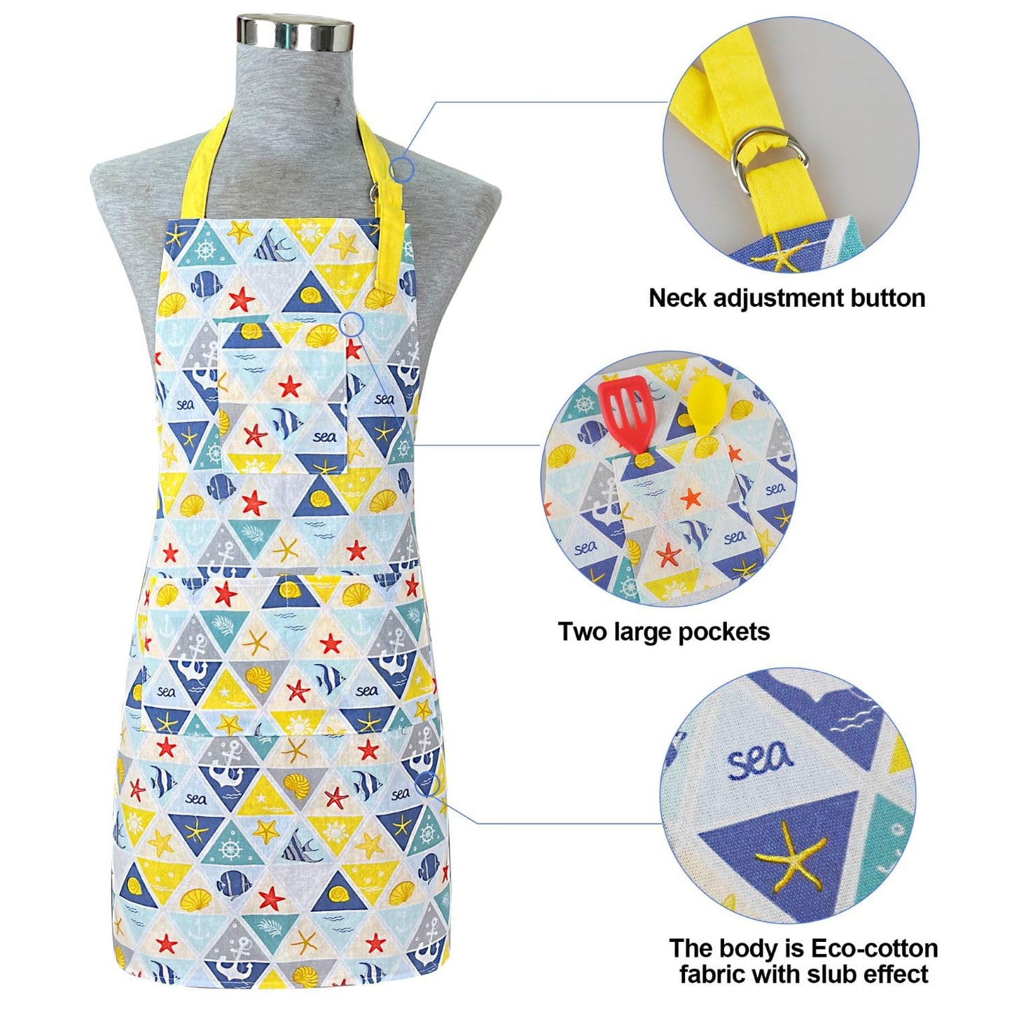 Alselo Oven Mitts and Pot Holders with Chef Apron,Set of 5 Heat Resistant Kitchen Gloves and Silicone Non-Slip Potholders Adjustable Neck Buckle Apron, Cotton Nice Design for Cooking (Sea Fish)