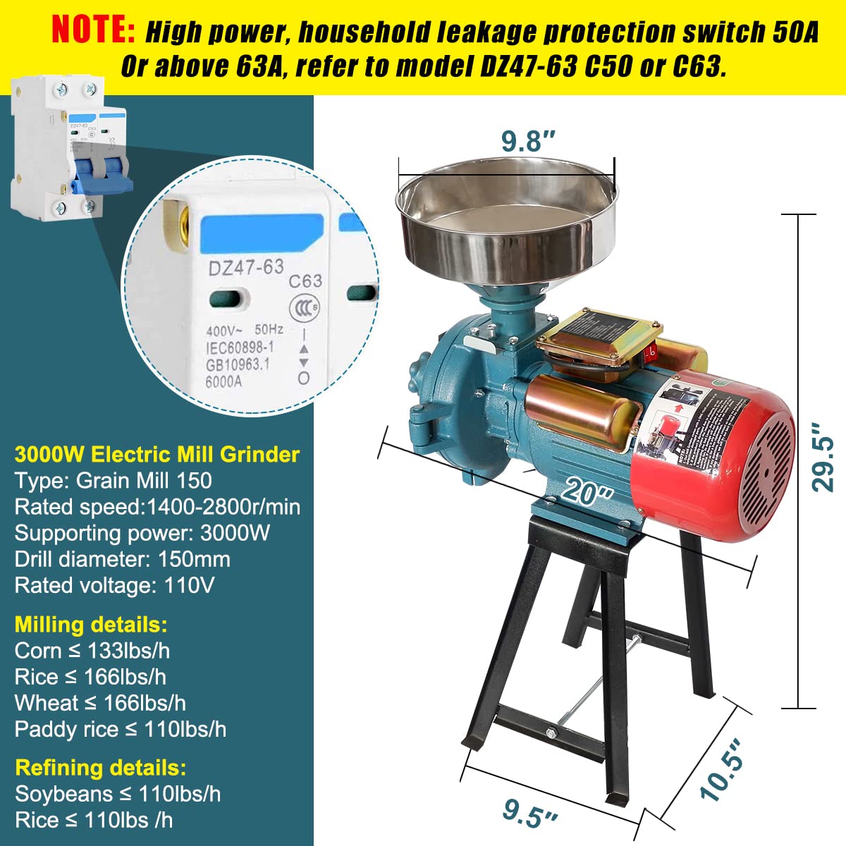 Electric Grain Grinder Mill, 3000W 110V Corn Grinder Mill Electric, Dry Cereals Rice Coffee Wheat Corn Mills with Funnel, Grain Grinders Mils Powder Machine