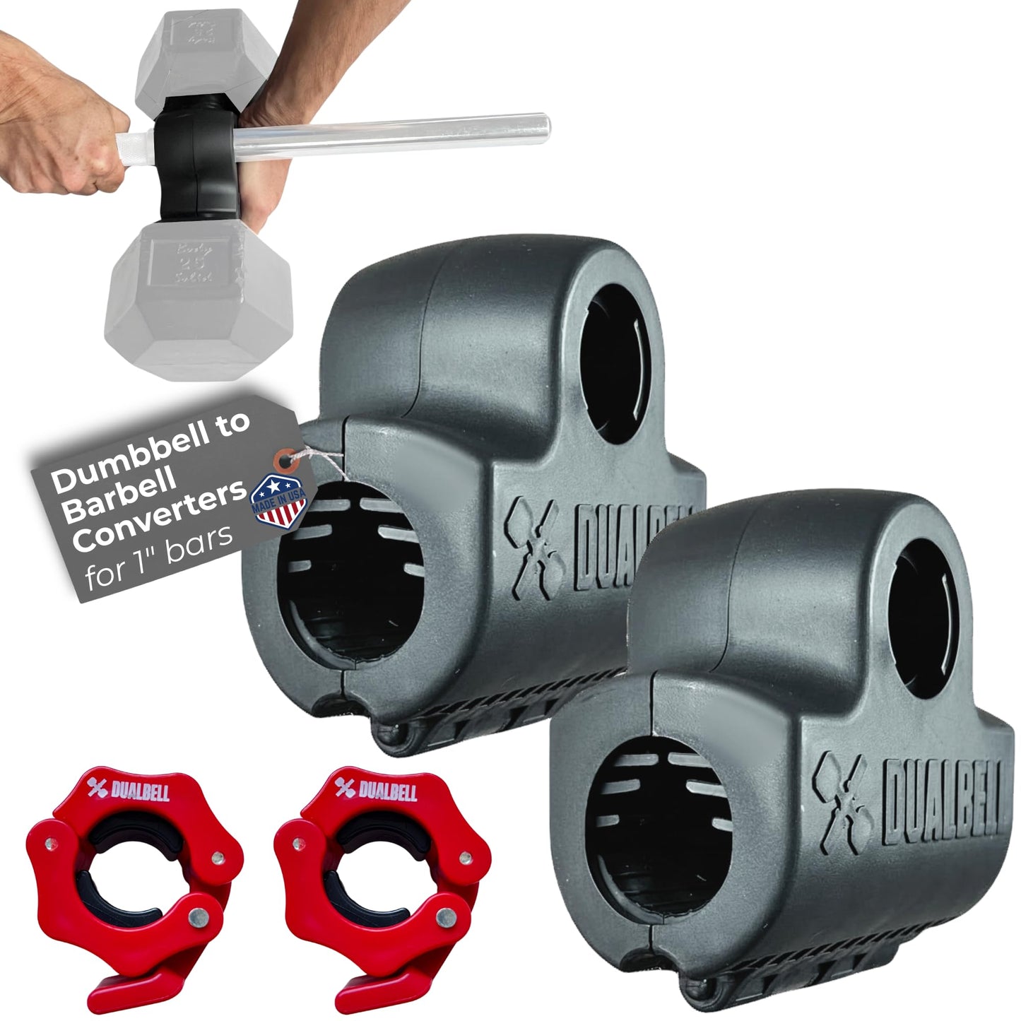 DUALBELL Dumbbell Converters- Pair Black and red weight collars for 1", 25mm bar- Connect Dumbbells to Barbells for 1" standard diameter bar, barbell adapters replace weight plates- 250lbs capacity