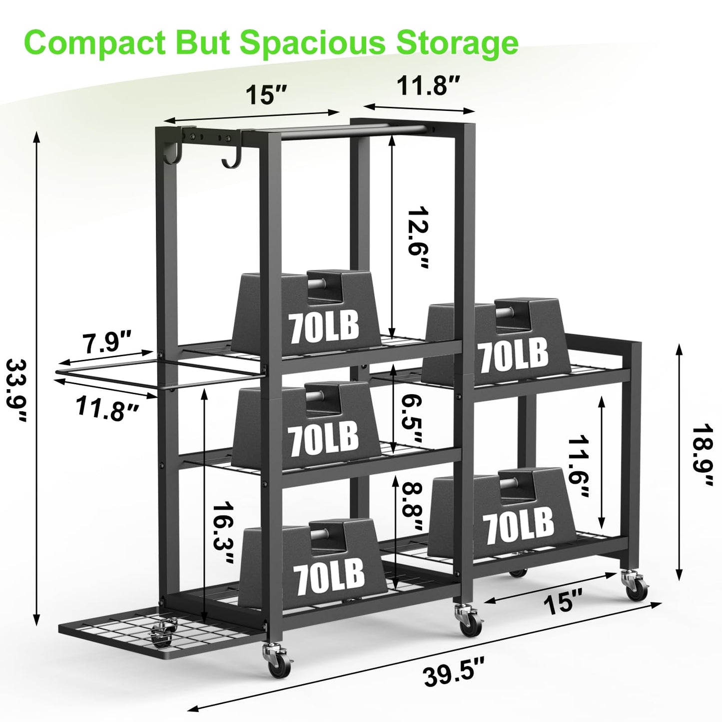 6-Tier Multi-Functional Home Gym Storage Rack with Wheels and Hooks, Adjustable Weight Rack for Dumbbells Kettlebells Yoga Mat and Balls, Space Saving Workout Equipment Storage Organizer