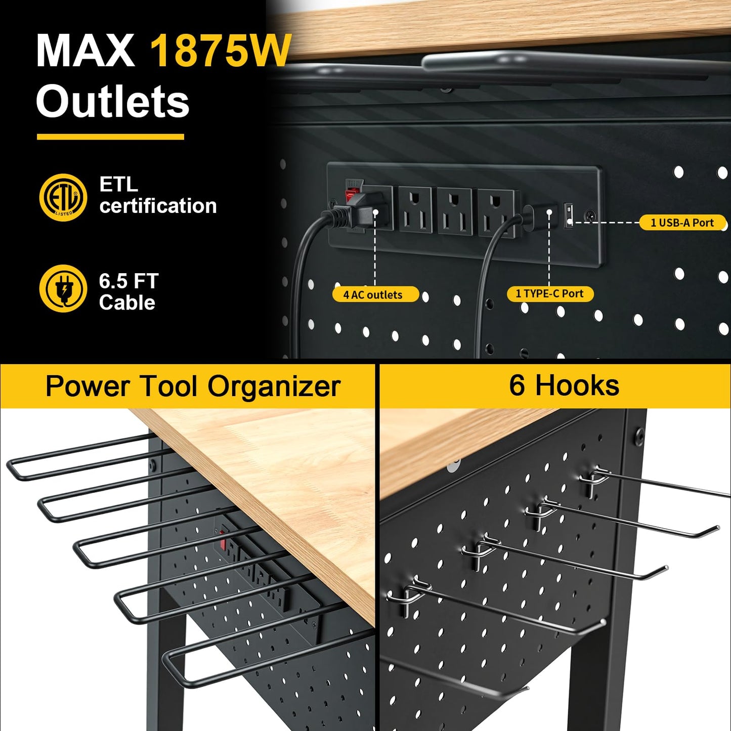 60" Heavy-Duty Garage Workbench, 2300LBS Capacity Work Table with Power Strip, Work Bench for Garage, Workshop, Office, Warehouse & Home