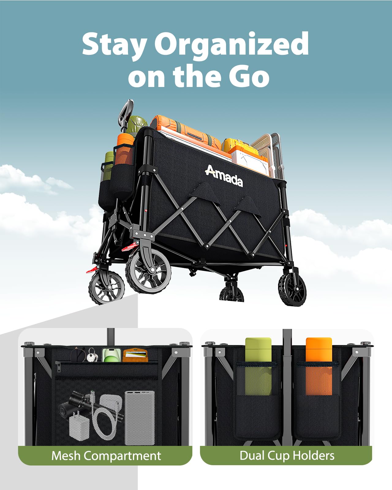 Collapsible Wagon Cart, Foldable Lightweight Wagon Folding Carts with Wheels - Outdoor Utility Carts with 360LBS Max Load for Grocery, Camping, Shopping, Sports, Garden，Beach