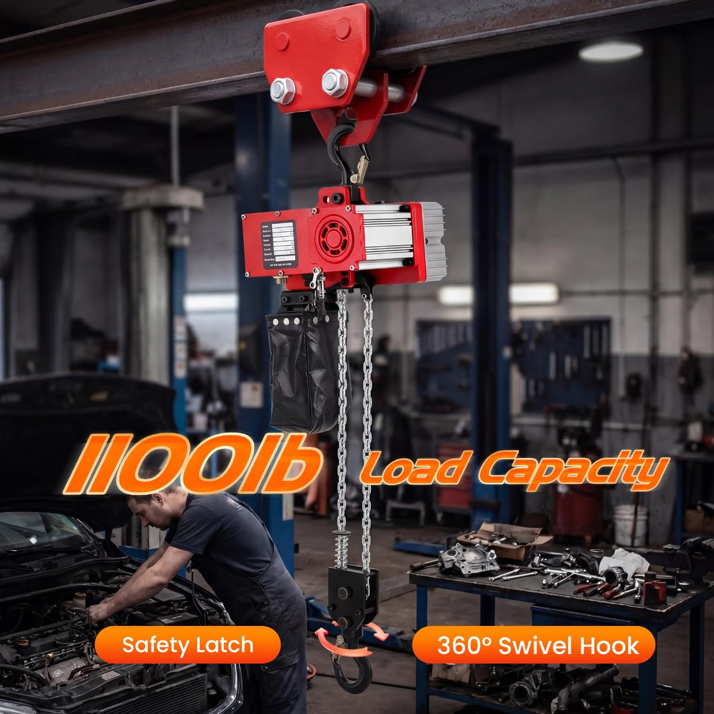 NEWTRY Mini Electric Chain Hoist 1100lb, 11kg Lightweight, 800W Powerful Brushless Motor, 1.7m/min & 5m/min Lifting Speed, 7.5ft Wired Control for Garages, Workshop, Constructions