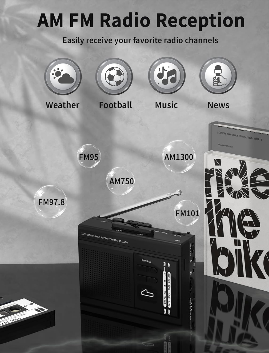 Cassette MP3 Cassette Radio,Cassette Recorder,USB-C/2AA Microphone,3.5mm to Player via SD Card Converter with AM FM