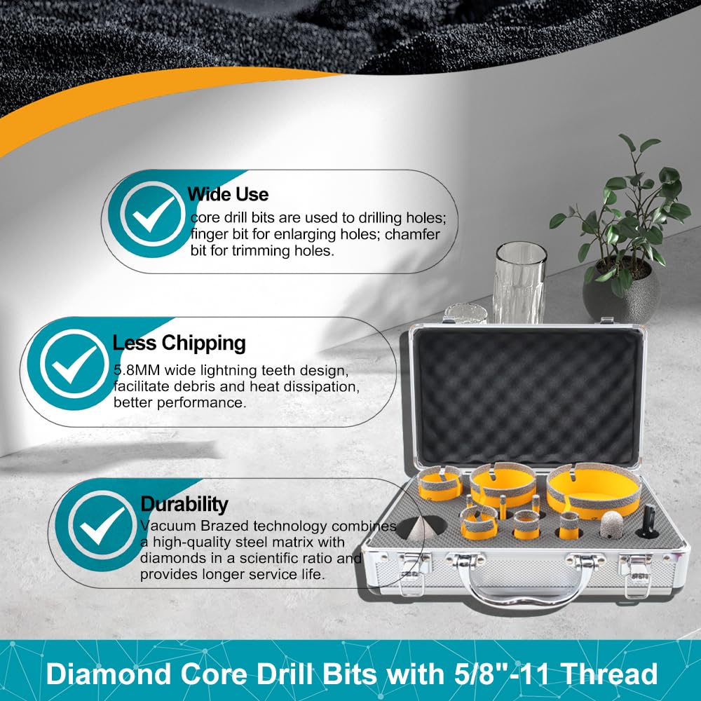 EXFEIN Diamond Tile Hole Saw Kit 12pcs - Diamond Core Drill Bits 6/6/8/19/25/35/50/75/102mm for Tile Porcelain Ceramic Marble with 20mm Finger Bit and 50mm Chamfer Bit Trimming Holes and SDS Adapter