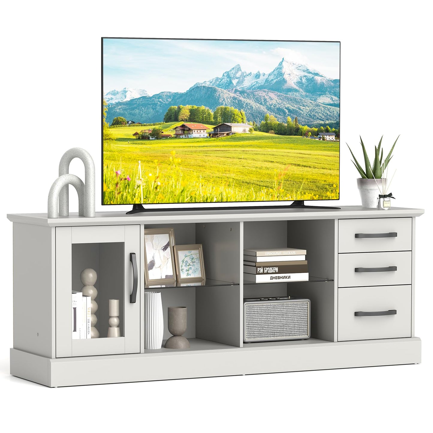 Giantex Farmhouse TV Stand for 73 Inch TV, Wood TV Console Table w/Removable Glass Shelves, Cable Management Holes & Drawers, Rustic Entertainment Center with Storage for Living Room, Bedroom, Grey