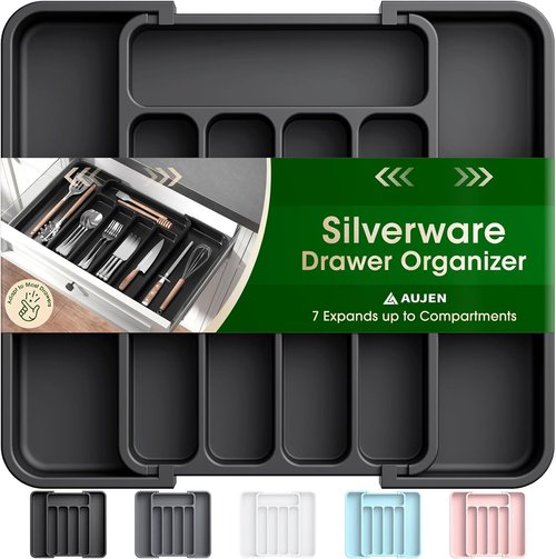 Aujen Silverware Organizer - Expandable Utensil Tray for Kitchen Drawers | Adjustable Cutlery Storage, Black, Medium
