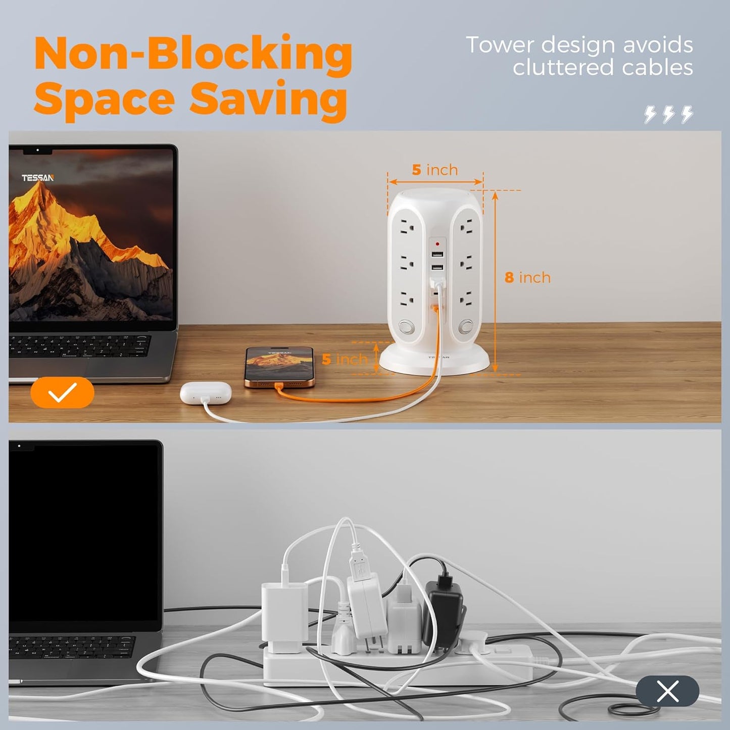 TESSAN 12 5 Ports(2 10 1250W, Tower Power Strip with Individual Switches, Surge Protector with Outlets, USB USB C)