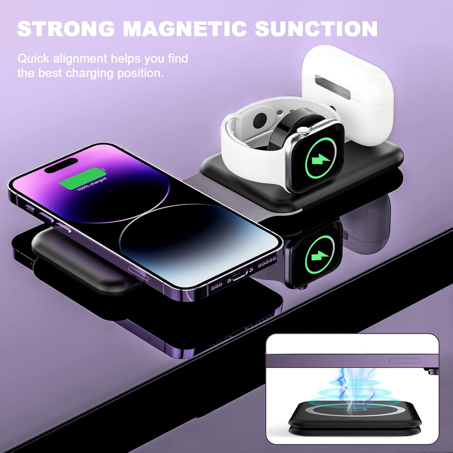 3 1 in Wireless Charger, Foldable Magnetic Charging Station, Fast Travel Wireless Charging Pad for Multiple Apple