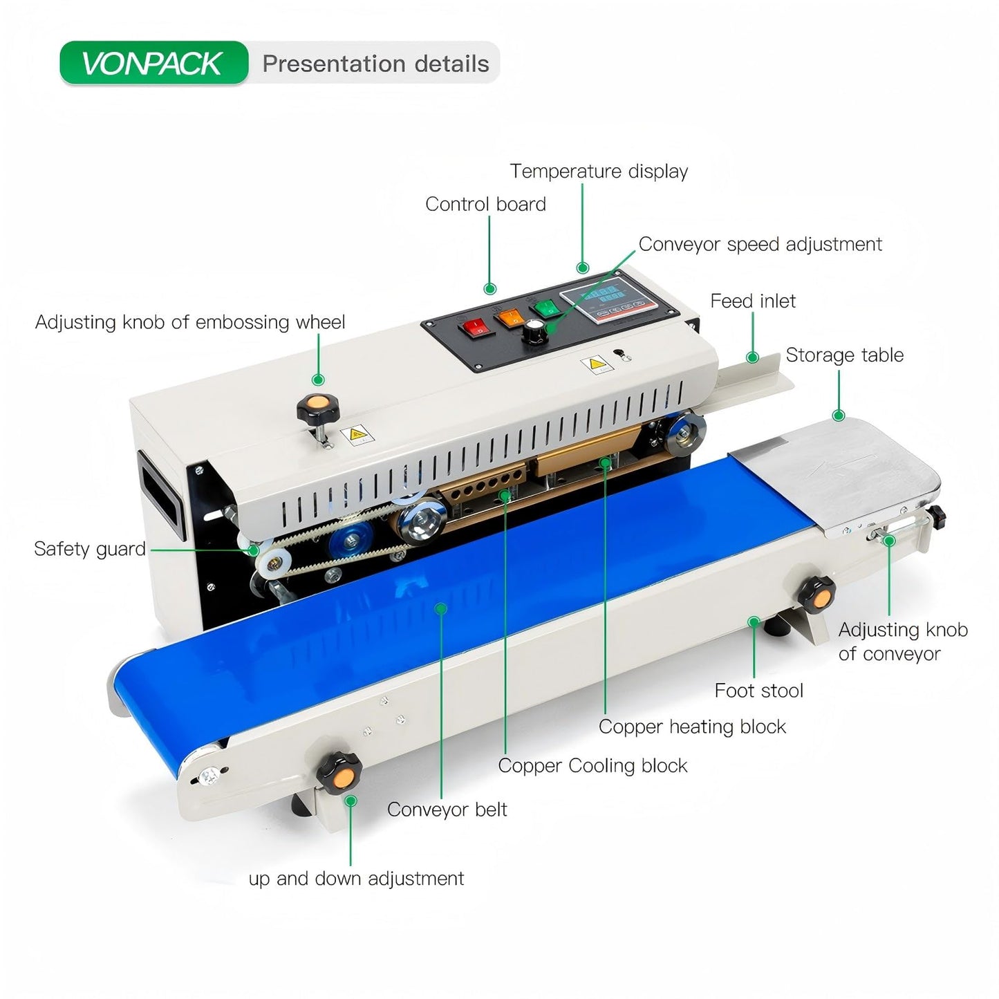VONPACK FR-900 Automatic Continuous Band Sealing Machine, 110V Bag Sealer Industrial Factory Kitchen Packing Machine Heat Sealing Adjustable Intelligent Temp Control for Plastic Bag Food Film