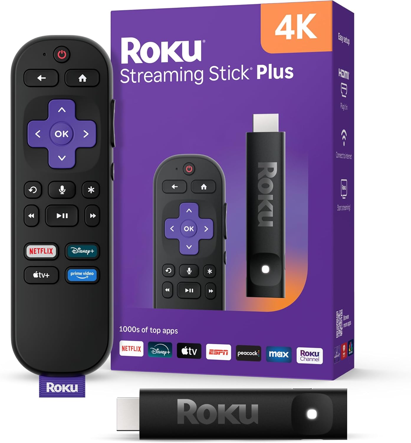 Roku 4K Streaming Stick Plus - & HDR Streaming Device for TV with Voice Remote - Free & Live TV