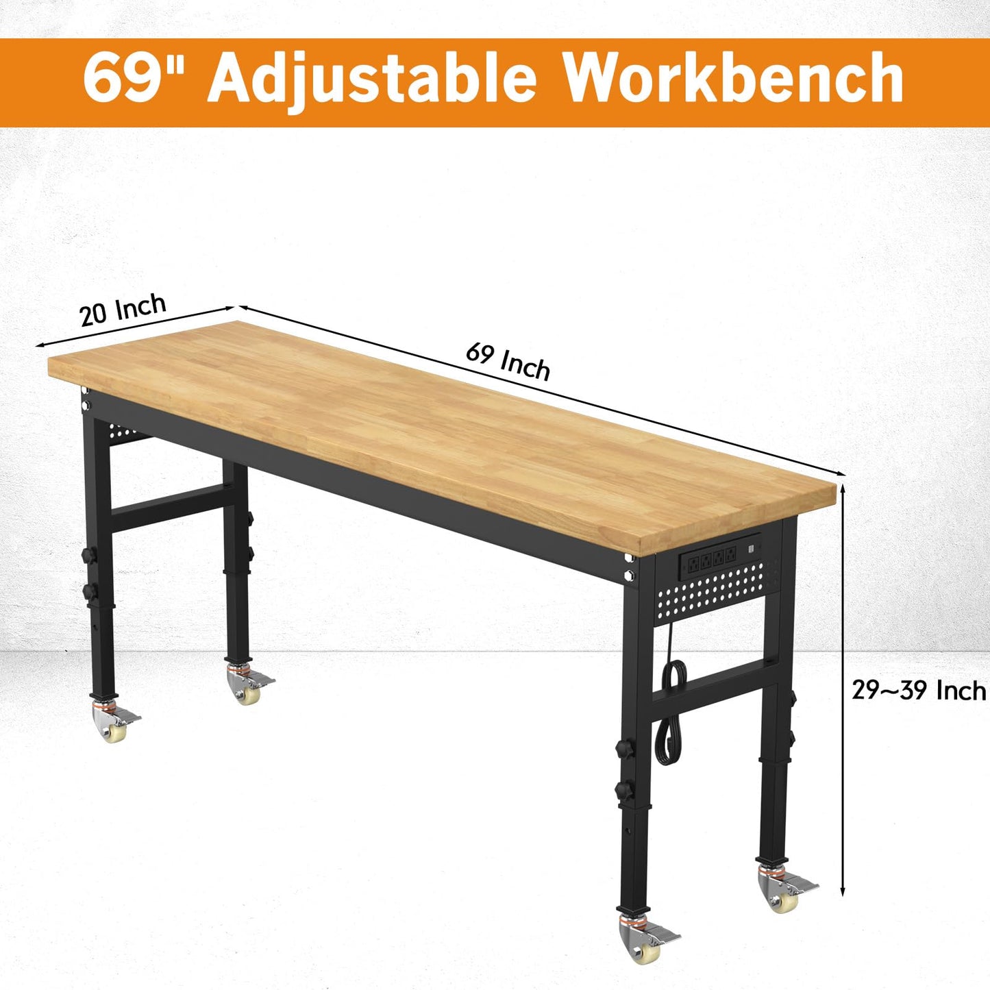 Pelnuies 70" Heavy Duty Solid Wood Work Bench with Pegboard, Adjustable Height Workbench with Wheels and Power Outlets, 2000 LBS Capacity Work Table for Garage, Workshop, Office, Home