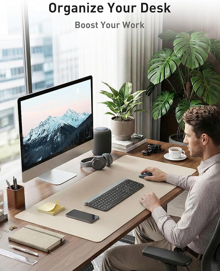 Aothia Faux Leather Desk Mat - Non-Slip PU Leather Desk Blotter, Waterproof Writing Surface, Large Desk Pad for Office & Home (Eggshell, 55" x 24")
