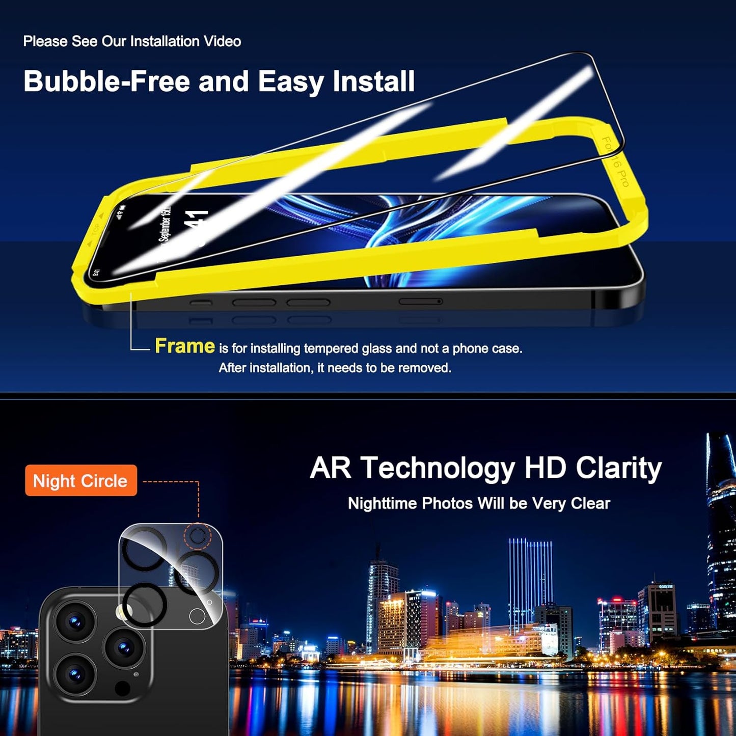 16 9H+ [3+3 Pack] QHOHQ for iPhone Pro Screen Protector with Camera Lens Protector, [Military Grade Shatterproof], Top