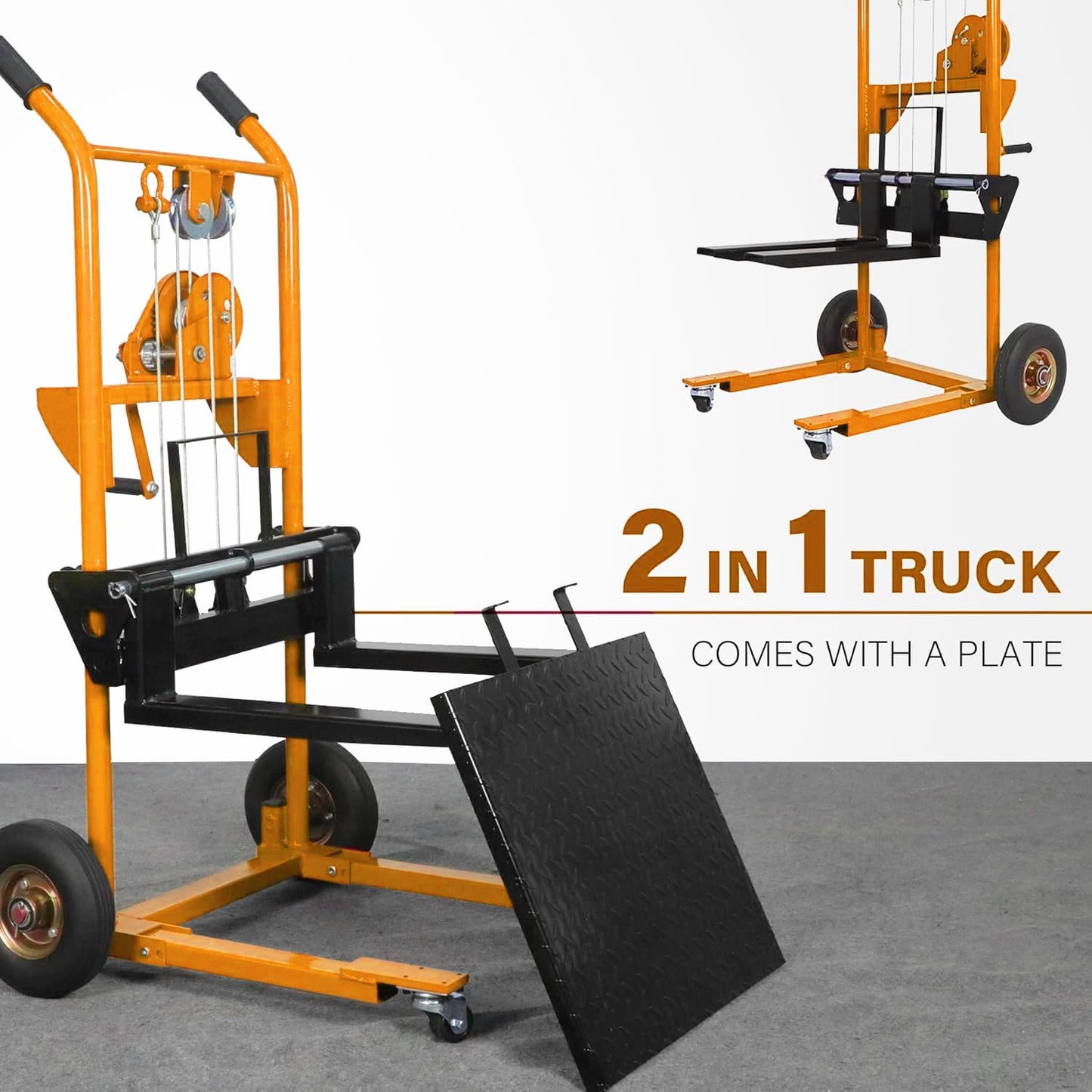Material Lift Winch Stacker, 440 lbs Capacity Table Cart, 35.4" Lifting Height Manual Forklift Stacker, Pallet Jack Truck Dolly with Swivel Casters and Lift Plate (Yellow)
