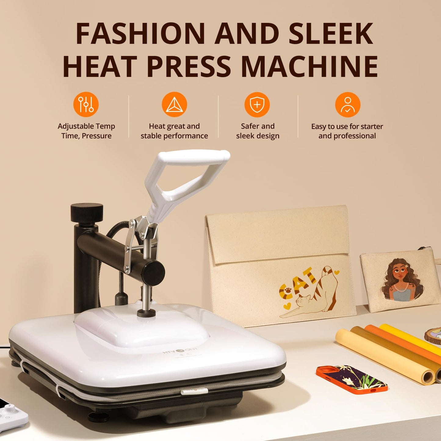 HTVRONT 15x15 Heat Press Machine, 3pcs Teflon Sheets, 2 Rolls HTV Vinyl, Tshirt Ruler Guide