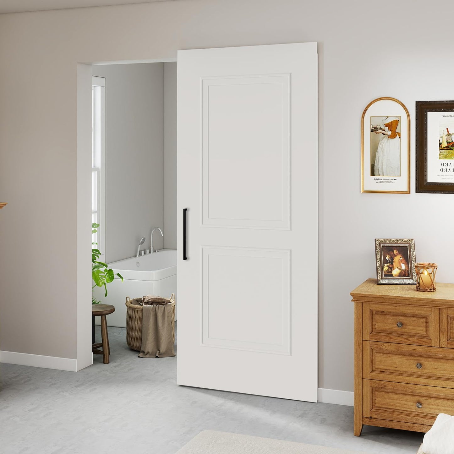 BarnSmith 36"x84" Concealed Sliding Barn Door with Soft Close Hardware Kits, White Primed Solid Core Hidden Door for Opening 32"-34"x80", 2 Flat Panel with 2 Steps, Matte Black Handles Included