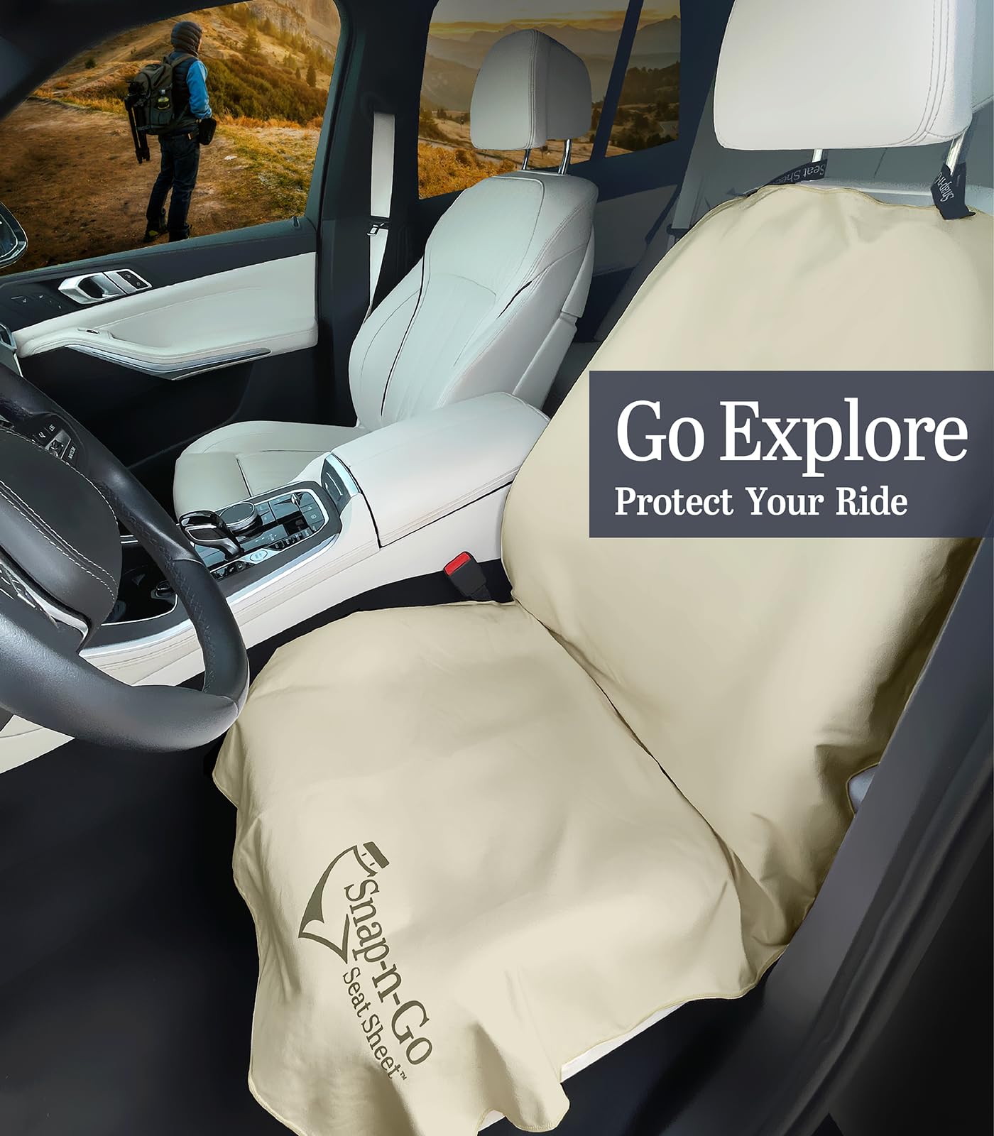 Car Seat Towel Cover After Gym Workout Yoga Pets | Snap-n-Go Seat Sheet™ Universal Fit with Headrest Post Straps, Quick-Dry Washable Sweat Protector for Cars, Trucks, SUVs Interior Protection (Beige)
