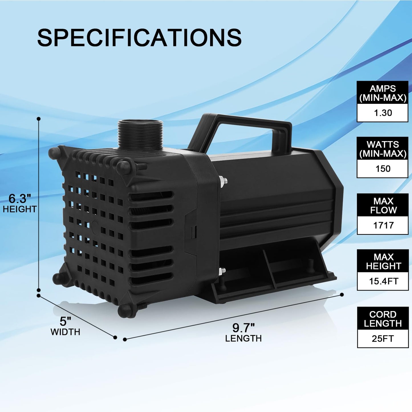 BARST 5500GPH Submersible Water Pump UL Certified Pond Pump with 25FT Cord, 460W High Flow Water Fountain Pump Waterfall Pump For Outdoor Ponds,Fountain, Waterfall, Koi Pond