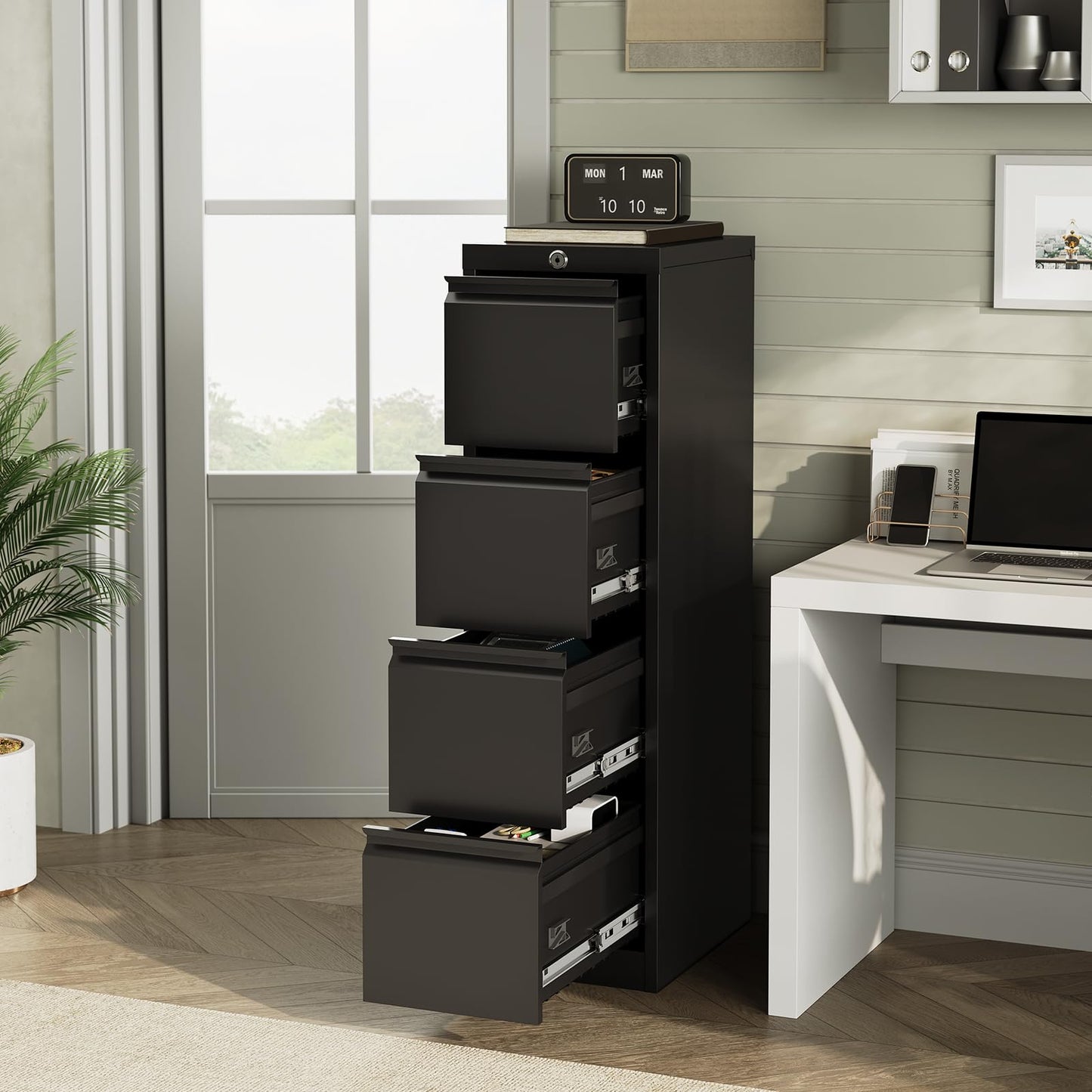 4 Drawer Vertical File Cabinet, Cold-Rolled Steel Locking Filing Cabinet with Anti-Tilt System, 330 Lbs Weight Capacity, Powder Coated Black, for Letter/Legal/A4/F4 Files, Home Office Commercial Use