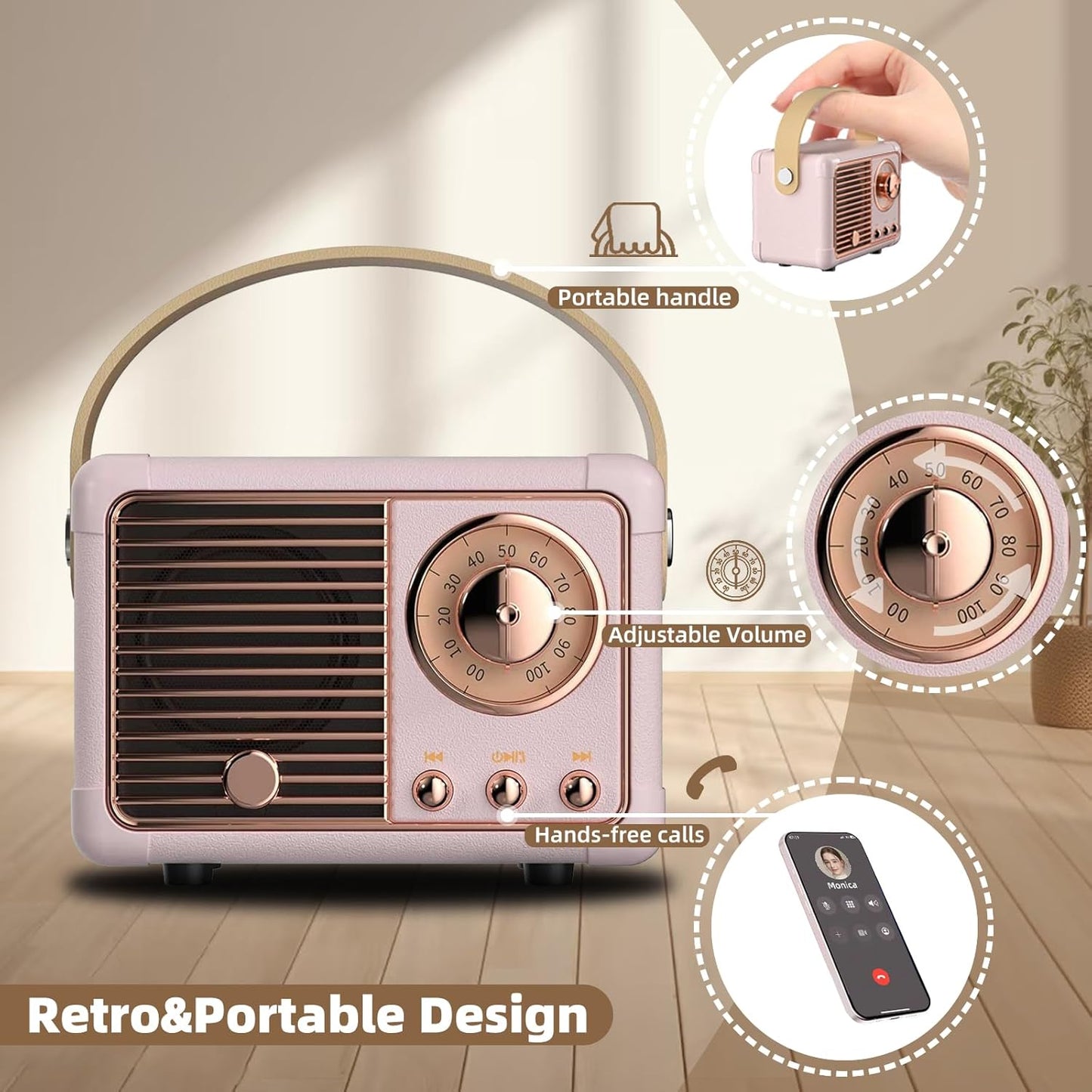 Caulikine Retro Bluetooth Speakers Birthday Gifts for Girls Small Cute Pink Portable Wireless Speaker Gift Ideas