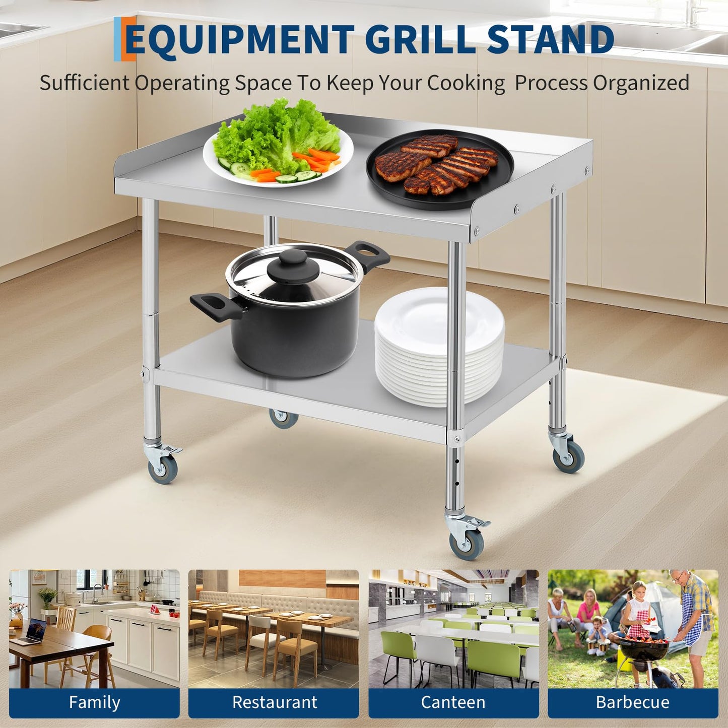 MilleLoom 36"x30"x30" Stainless Steel Grill Stand Table, NSF Certified, 3-Sided 2" Backsplash, Adjustable Legs & Wheels, 660 lbs Capacity, Equipment Stand for Restaurant, Hotel, Home Kitchen