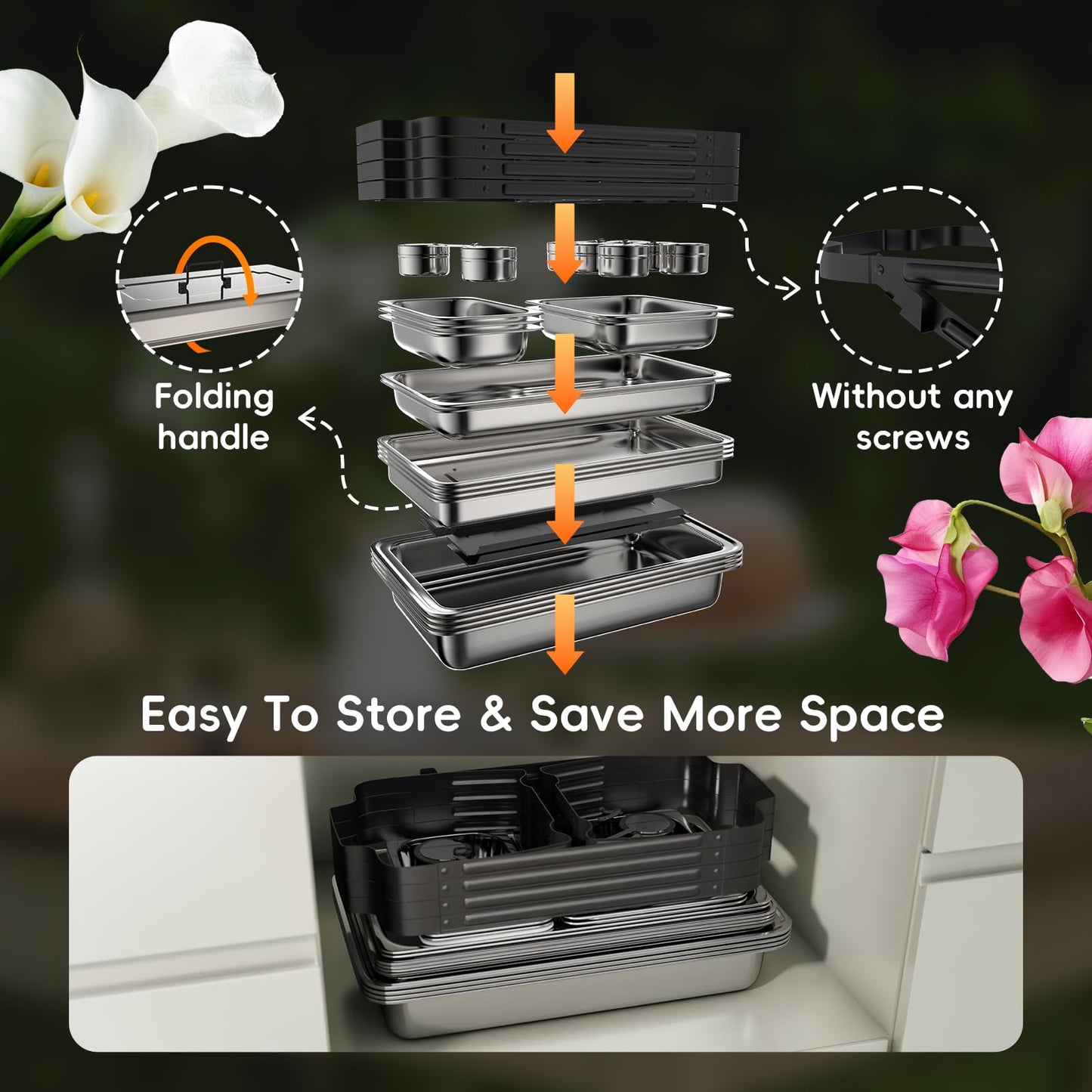 SIFER Chafing Dishes for Buffet 9Qt 4 Pack with Multi-Size Food Pans-Screwless Installation Chafing Dish Buffet Set,Foldable Handles Stacking Design,Stainless Steel for Events,Black