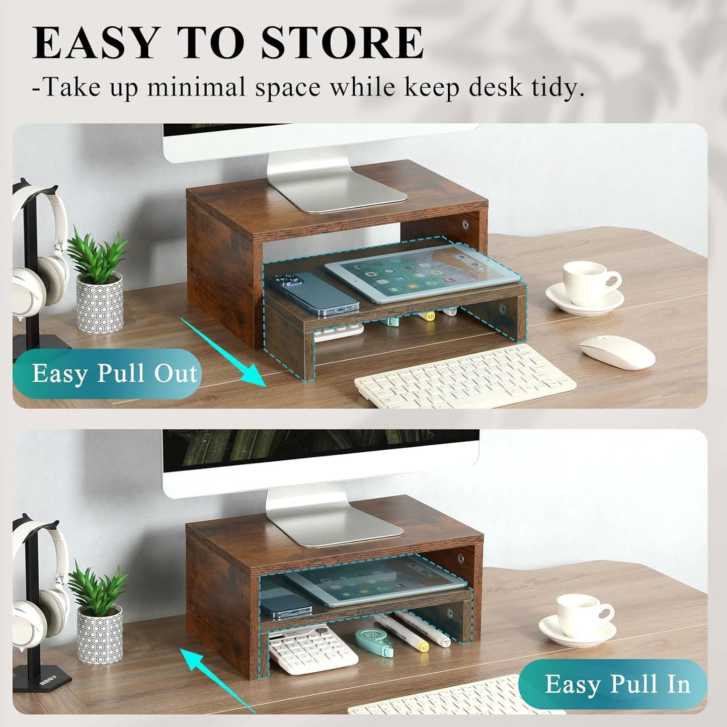 2 Pack 2 2 TEAMIX Monitor Stand Riser Rustic Brown,Wood Tier Adjustable Monitor Stand Dual Monitor Riser