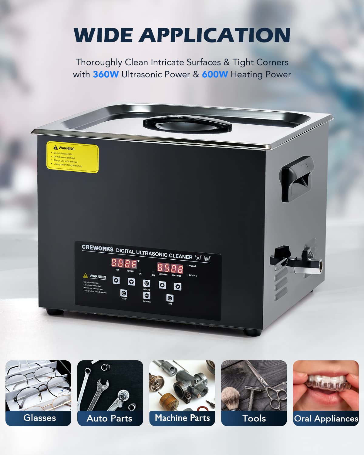 CREWORKS 15L Digital Ultrasonic Cleaning Machine with Degas and Gentle Mode, 360W Ultrasonic Cleaner with Heater and Timer, 40kHz Ultrasound Cleaner for Industrial Parts Carburetor Auto Tool