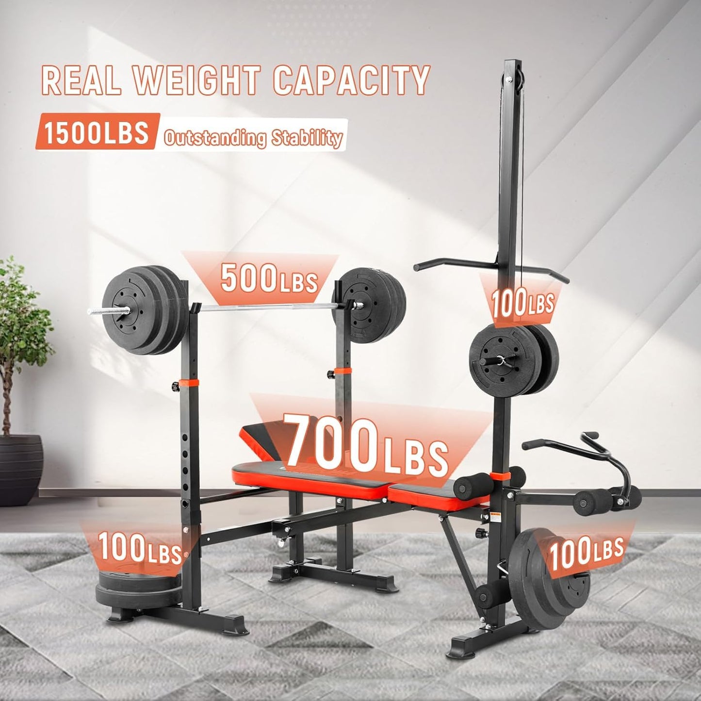 MAIDOMA Foldable 1500LBS 8 IN 1 Olympic Weight Bench Set with Squat Rack, Leg Extension/Curl & Preacher Curl, Adjustable Bench Press Set with Safety Bar Catches for Home Gym Full Body Workout