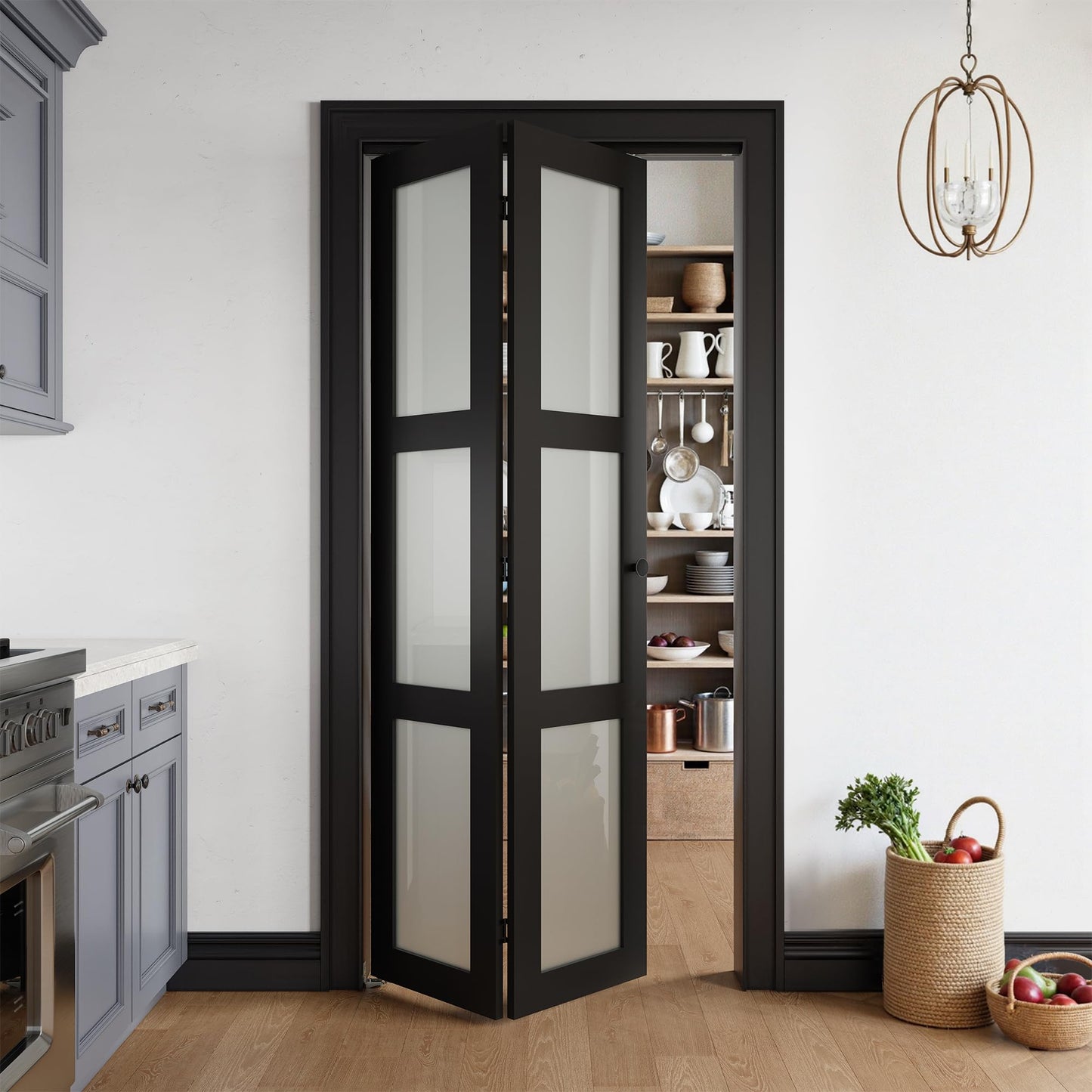 COSHOMER Bifold Doors for 36" x 80" Opening, 3-lite Tempered Frosted Glass Closet Folding Doors with Hardware kit Included, Easy Assembly, Black